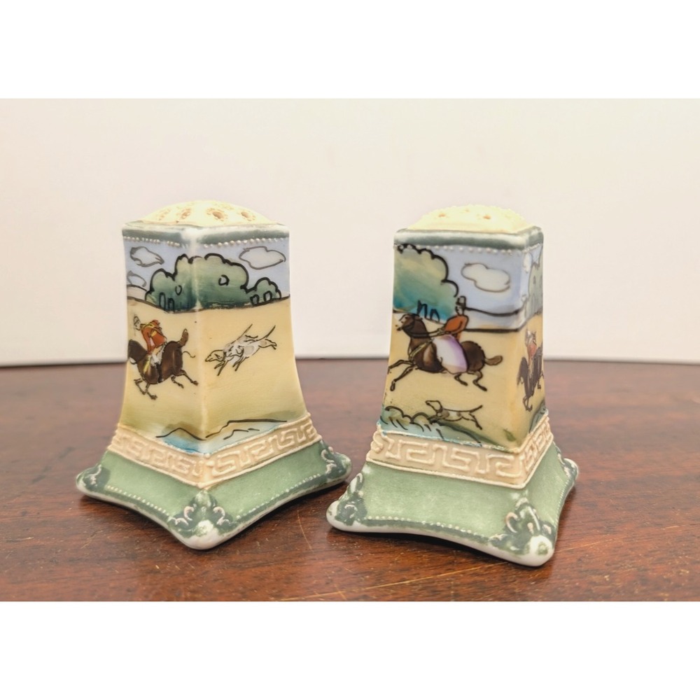 Antique Nippon Fox Hunt Salt Pepper Shakers Hand Painted Equestrian Porcelain